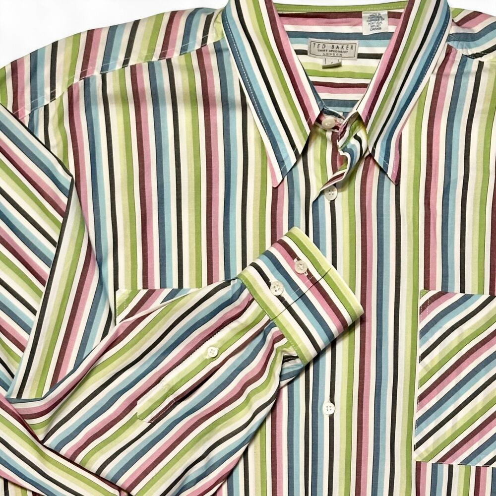 Y2K Ted Baker Men's Long Sleeve Shirt Sz Large Button Down Colorful Striped Glam